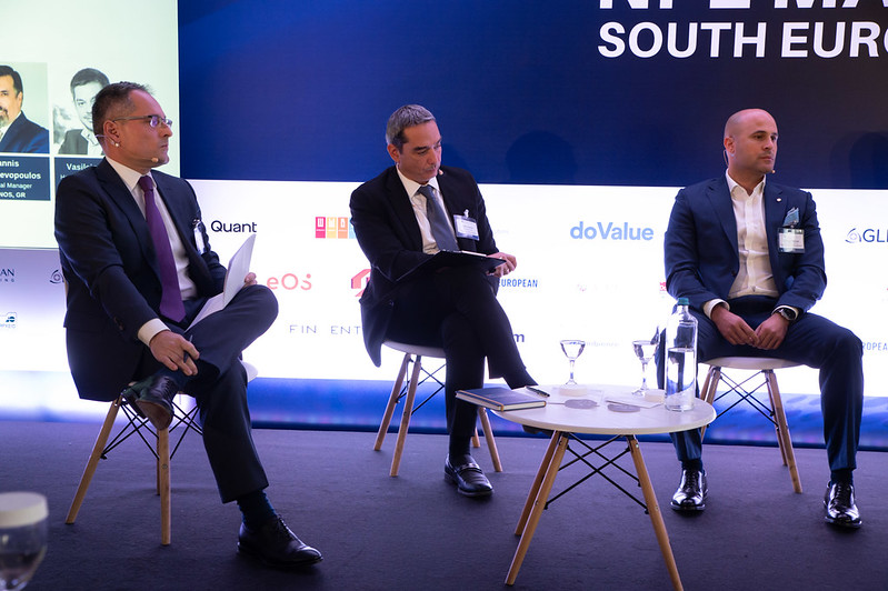 NPL Management South Europe 2022 Event DDC Financial Nikitas Zisimos Managing Director Hypoges Hellas Alsvit with panel key figures of the real estate REO market discussion on future 2023 inflation