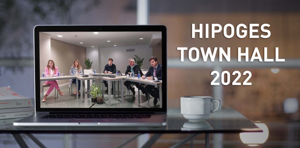 Hipoges Global Town Hall 2022 conference streaming event internal growth achievement REOs NPL expansion servicer Margarida Maia Marta Marquéz Claudio Panunzio Hugo Velez Juan Ramón Prieto from left to right