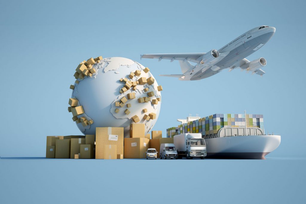 avião barco camião carrinha encomendas entregas correio envio planeta terra logística envio setor logístico fundo azul